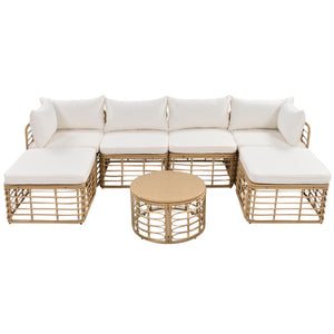 HomeRoots Seven-Piece Wicker Sectional Seating Group with Upholstered Cushions & Coffee Table for Outdoor Comfort 653923