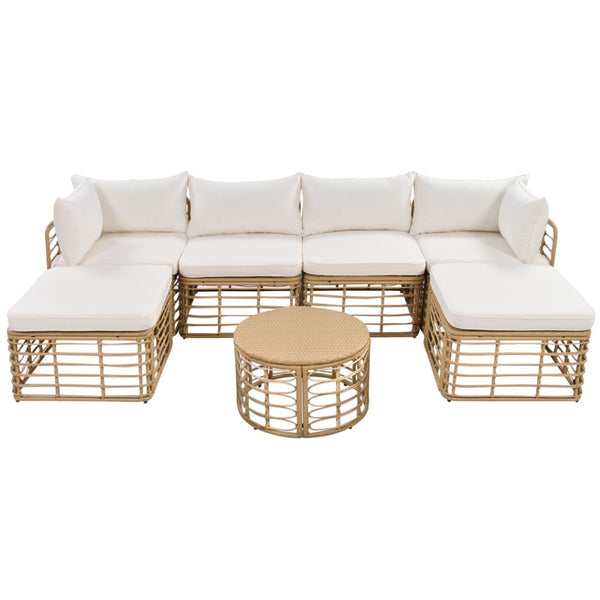 HomeRoots Seven-Piece Wicker Sectional Seating Group with Upholstered Cushions & Coffee Table for Outdoor Comfort 653923