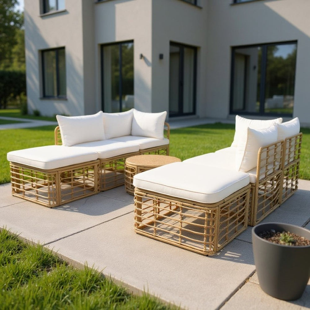 HomeRoots Seven-Piece Wicker Sectional Seating Group with Upholstered Cushions & Coffee Table for Outdoor Comfort 653923