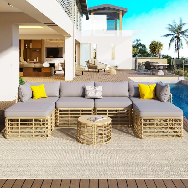 HomeRoots Seven-Piece Wicker Sectional Seating Group with Gray Cushions & Table for Stylish Outdoor Comfort 653924