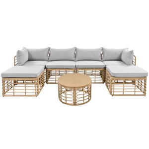 HomeRoots Seven-Piece Wicker Sectional Seating Group with Gray Cushions & Table for Stylish Outdoor Comfort 653924