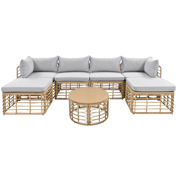 HomeRoots Seven-Piece Wicker Sectional Seating Group with Gray Cushions & Table for Stylish Outdoor Comfort 653924