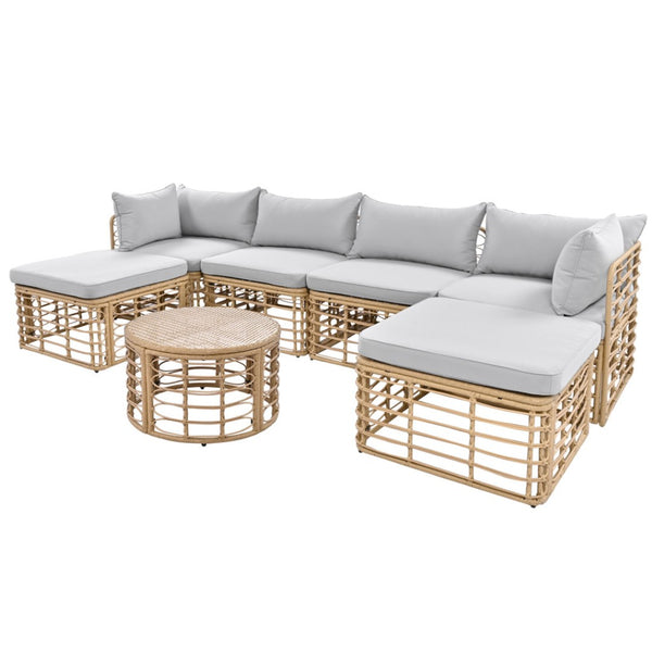 HomeRoots Seven-Piece Wicker Sectional Seating Group with Gray Cushions & Table for Stylish Outdoor Comfort 653924