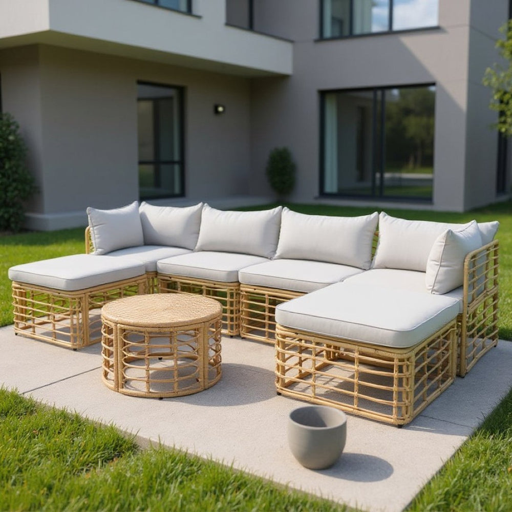 HomeRoots Seven-Piece Wicker Sectional Seating Group with Gray Cushions & Table for Stylish Outdoor Comfort 653924