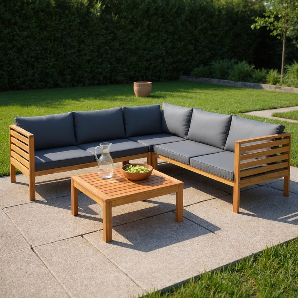 HomeRoots Four-Piece Outdoor Seating Group with Solid Wood Frame and Comfortable Upholstered Cushions Set 653925