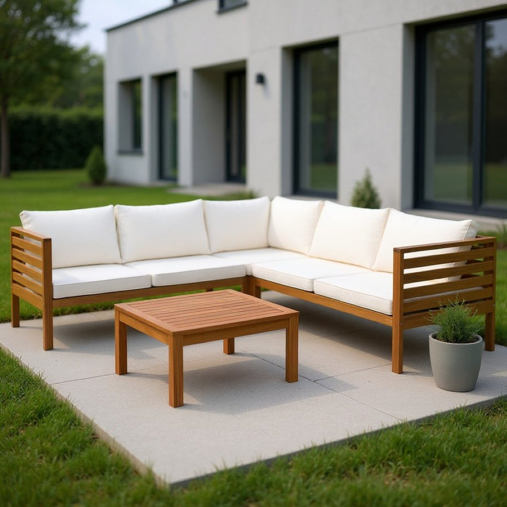 HomeRoots Four-Piece Solid Wood Sectional Seating Group with Cushions & Coffee Table - Perfect for Outdoor Relaxation! 653926