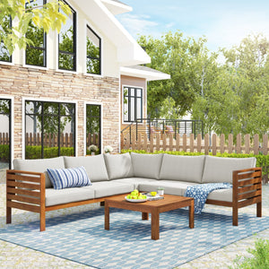 HomeRoots Four-Piece Solid Wood Sectional Seating Group with Cushions & Coffee Table - Perfect for Outdoor Relaxation! 653926