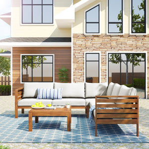 HomeRoots Four-Piece Solid Wood Sectional Seating Group with Cushions & Coffee Table - Perfect for Outdoor Relaxation! 653926