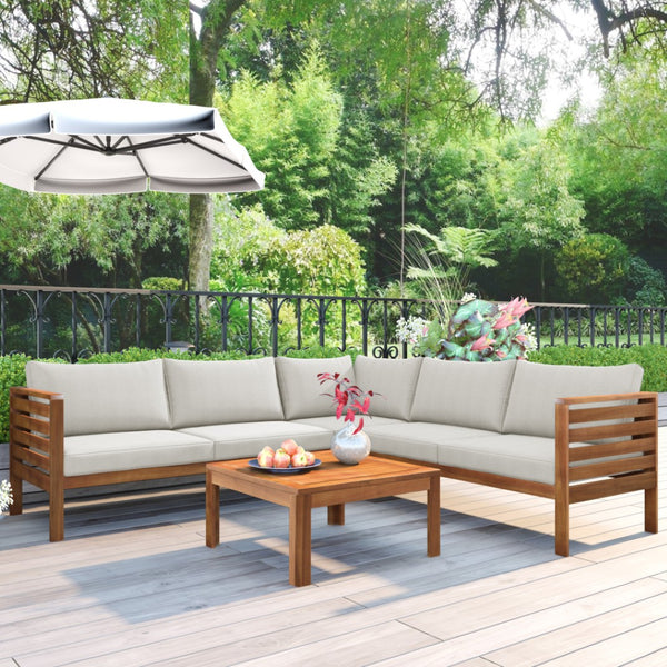 HomeRoots Four-Piece Solid Wood Sectional Seating Group with Cushions & Coffee Table - Perfect for Outdoor Relaxation! 653926
