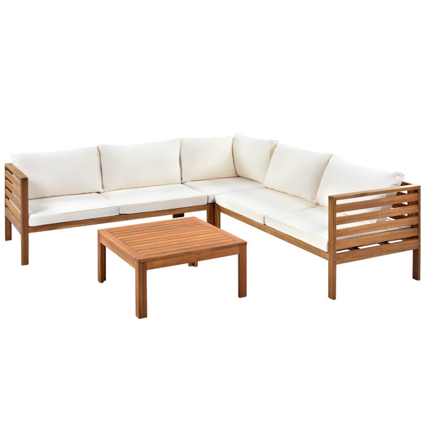 HomeRoots Four-Piece Solid Wood Sectional Seating Group with Cushions & Coffee Table - Perfect for Outdoor Relaxation! 653926