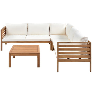 HomeRoots Four-Piece Solid Wood Sectional Seating Group with Cushions & Coffee Table - Perfect for Outdoor Relaxation! 653926