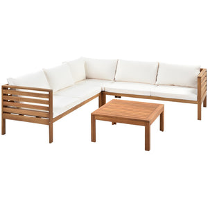HomeRoots Four-Piece Solid Wood Sectional Seating Group with Cushions & Coffee Table - Perfect for Outdoor Relaxation! 653926