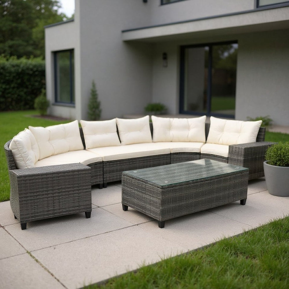 HomeRoots Eight Piece Gray and Beige Wicker Sectional Seating Set with Coffee Table for Stylish Outdoor Living 653927