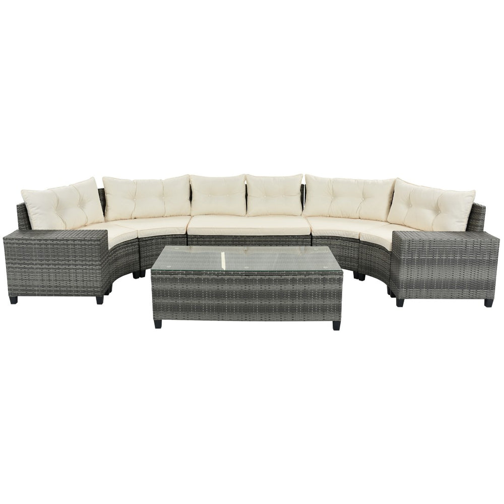 HomeRoots Eight Piece Gray and Beige Wicker Sectional Seating Set with Coffee Table for Stylish Outdoor Living 653927