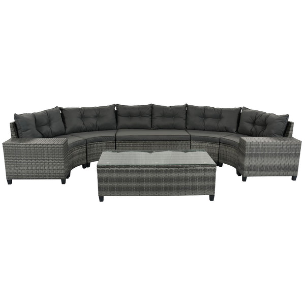 HomeRoots Eight-Piece Gray Wicker Sectional Seating Set with Coffee Table - Stylish, Durable & Low Maintenance! 653928