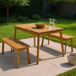 HomeRoots Three Piece Natural Solid Wood Patio Set - Durable Acacia Table & Comfortable Bench for Outdoor Relaxation 653929