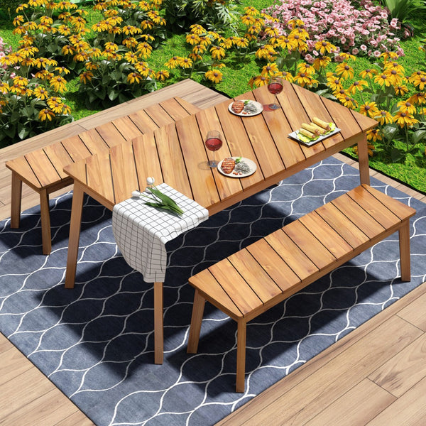HomeRoots Three Piece Natural Solid Wood Patio Set - Durable Acacia Table & Comfortable Bench for Outdoor Relaxation 653929