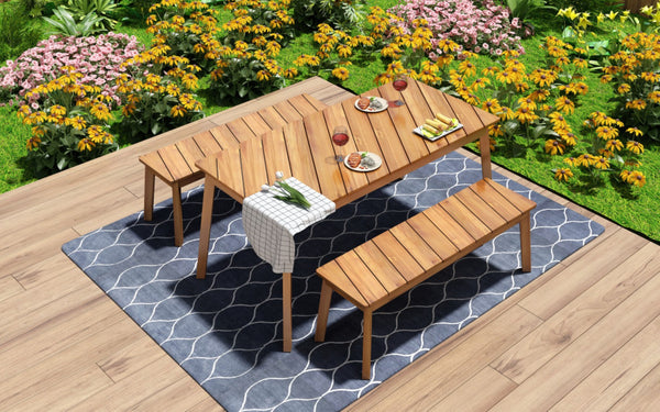 HomeRoots Three Piece Natural Solid Wood Patio Set - Durable Acacia Table & Comfortable Bench for Outdoor Relaxation 653929