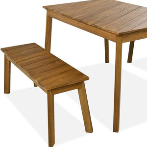 HomeRoots Three Piece Natural Solid Wood Patio Set - Durable Acacia Table & Comfortable Bench for Outdoor Relaxation 653929