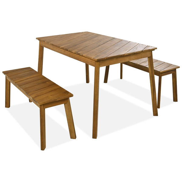 HomeRoots Three Piece Natural Solid Wood Patio Set - Durable Acacia Table & Comfortable Bench for Outdoor Relaxation 653929