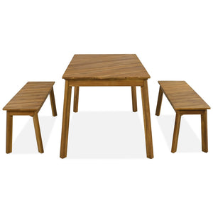 HomeRoots Three Piece Natural Solid Wood Patio Set - Durable Acacia Table & Comfortable Bench for Outdoor Relaxation 653929