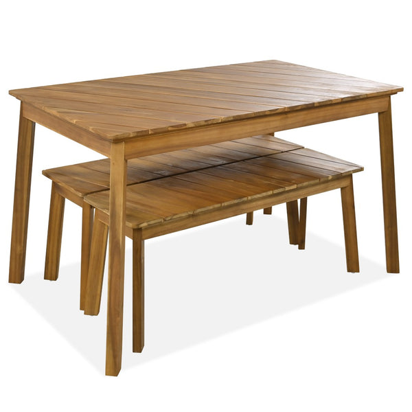 HomeRoots Three Piece Natural Solid Wood Patio Set - Durable Acacia Table & Comfortable Bench for Outdoor Relaxation 653929