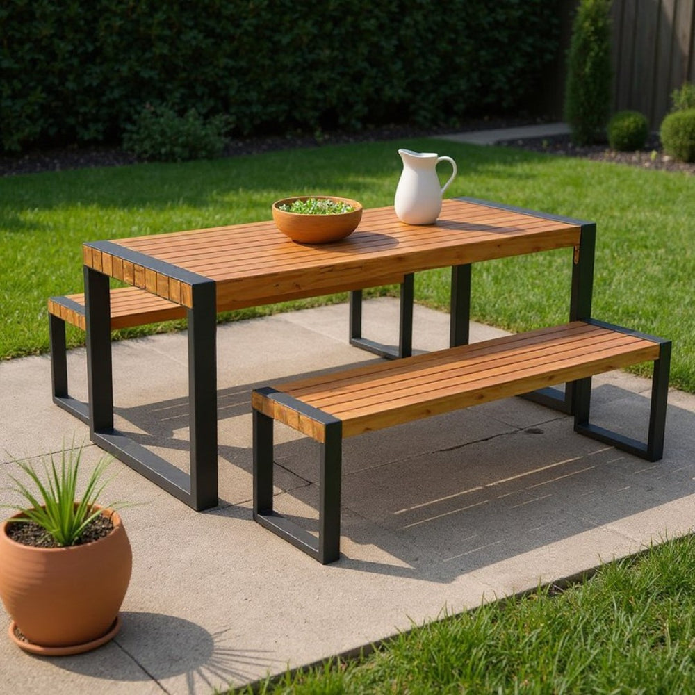 HomeRoots Three-Piece Natural Solid Wood Patio Dining Set - Durable Acacia with Spacious Table & Bench 653930