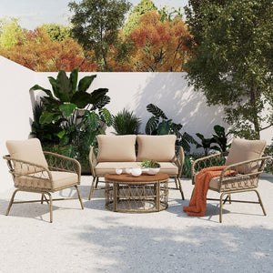 HomeRoots Four-Piece Beige and Tan Wicker Sofa Seating Group with Coffee Table for Stylish Outdoor Comfort 653932
