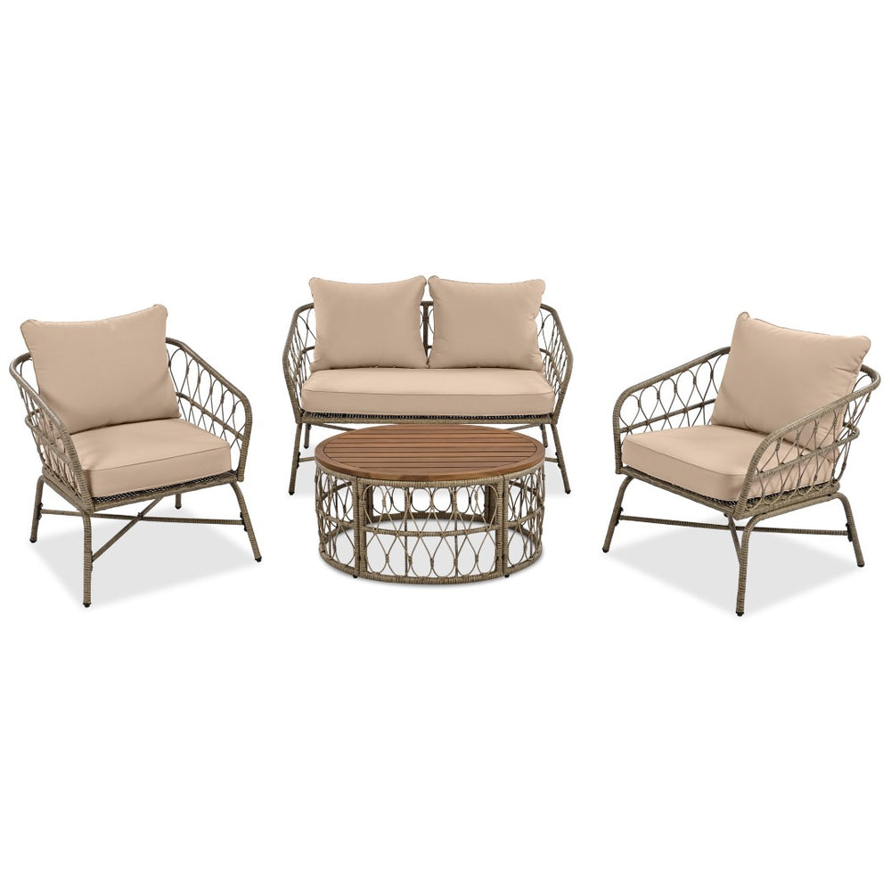 HomeRoots Four-Piece Beige and Tan Wicker Sofa Seating Group with Coffee Table for Stylish Outdoor Comfort 653932