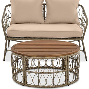 HomeRoots Four-Piece Beige and Tan Wicker Sofa Seating Group with Coffee Table for Stylish Outdoor Comfort 653932