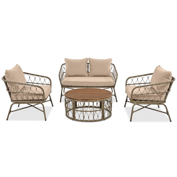 HomeRoots Four-Piece Beige and Tan Wicker Sofa Seating Group with Coffee Table for Stylish Outdoor Comfort 653932