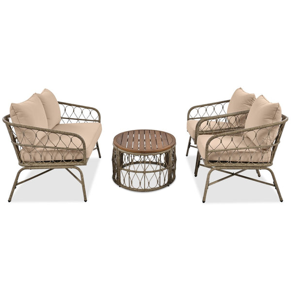 HomeRoots Four-Piece Beige and Tan Wicker Sofa Seating Group with Coffee Table for Stylish Outdoor Comfort 653932