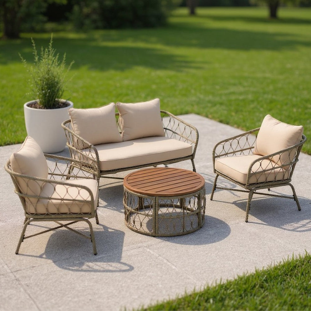 HomeRoots Four-Piece Beige and Tan Wicker Sofa Seating Group with Coffee Table for Stylish Outdoor Comfort 653932