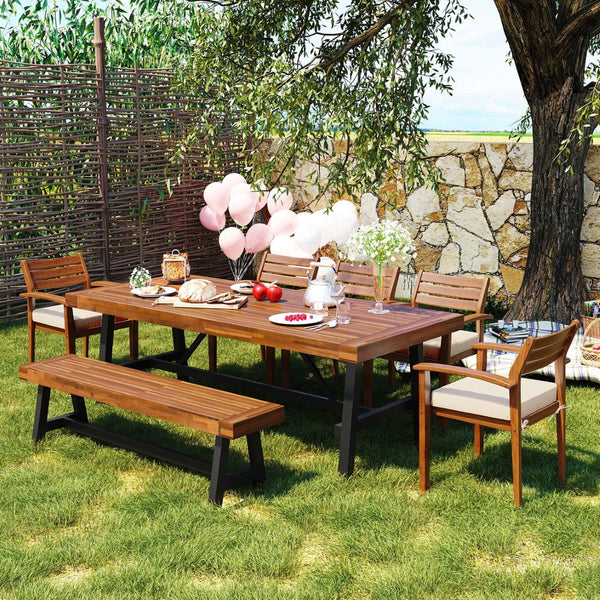 HomeRoots Seven-Piece Solid Wood Outdoor Patio Set with Removable Cushions for Dining and Relaxation Fun! 653933
