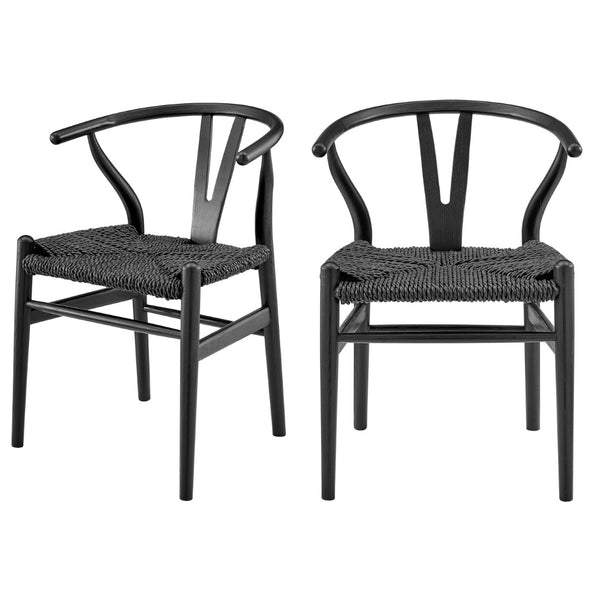 HomeRoots Set of Two Elegant Black Solid Wood & Rattan Wishbone Back Dining Armchairs for Modern Comfort 653936