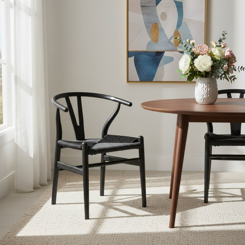 HomeRoots Set of Two Elegant Black Solid Wood & Rattan Wishbone Back Dining Armchairs for Modern Comfort 653936