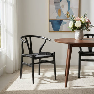 HomeRoots Set of Two Elegant Black Solid Wood & Rattan Wishbone Back Dining Armchairs for Modern Comfort 653936