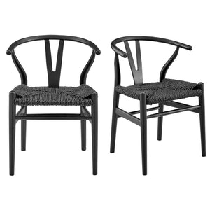 HomeRoots Set of Two Elegant Black Solid Wood & Rattan Wishbone Back Dining Armchairs for Modern Comfort 653936