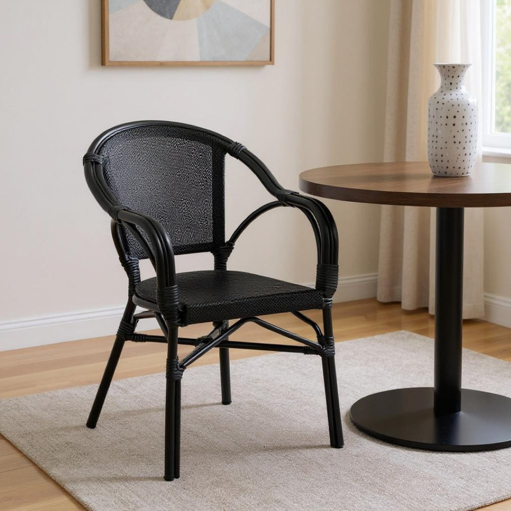 HomeRoots Set of Two Stylish Black Textured Mesh Sling Arm Chairs for Outdoor Dining & Relaxation Comfort 653937