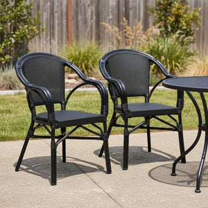 HomeRoots Set of Two Stylish Black Textured Mesh Sling Arm Chairs for Outdoor Dining & Relaxation Comfort 653937