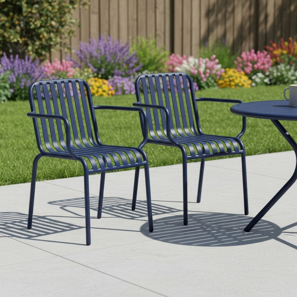 HomeRoots Set of Two Dark Blue Steel Stacking Arm Chairs for Stylish Outdoor Living & Versatile Comfort 653939