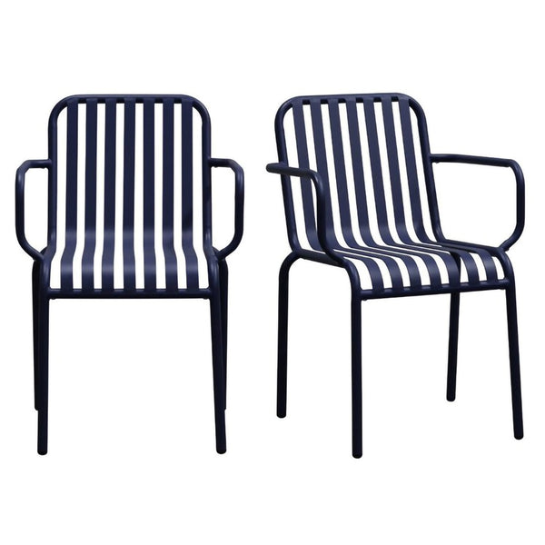 HomeRoots Set of Two Dark Blue Steel Stacking Arm Chairs for Stylish Outdoor Living & Versatile Comfort 653939
