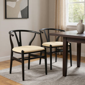 HomeRoots Set of Two Elegant Beige Velvet Wishbone Back Arm Chairs - Modern Solid Wood Dining Accent Chairs 653944