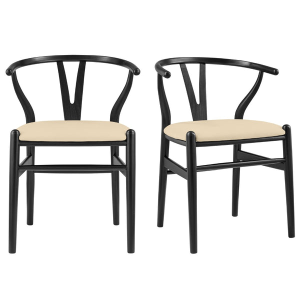 HomeRoots Set of Two Elegant Beige Velvet Wishbone Back Arm Chairs - Modern Solid Wood Dining Accent Chairs 653944