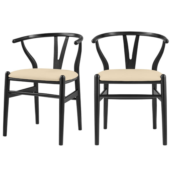 HomeRoots Set of Two Elegant Beige Velvet Wishbone Back Arm Chairs - Modern Solid Wood Dining Accent Chairs 653944