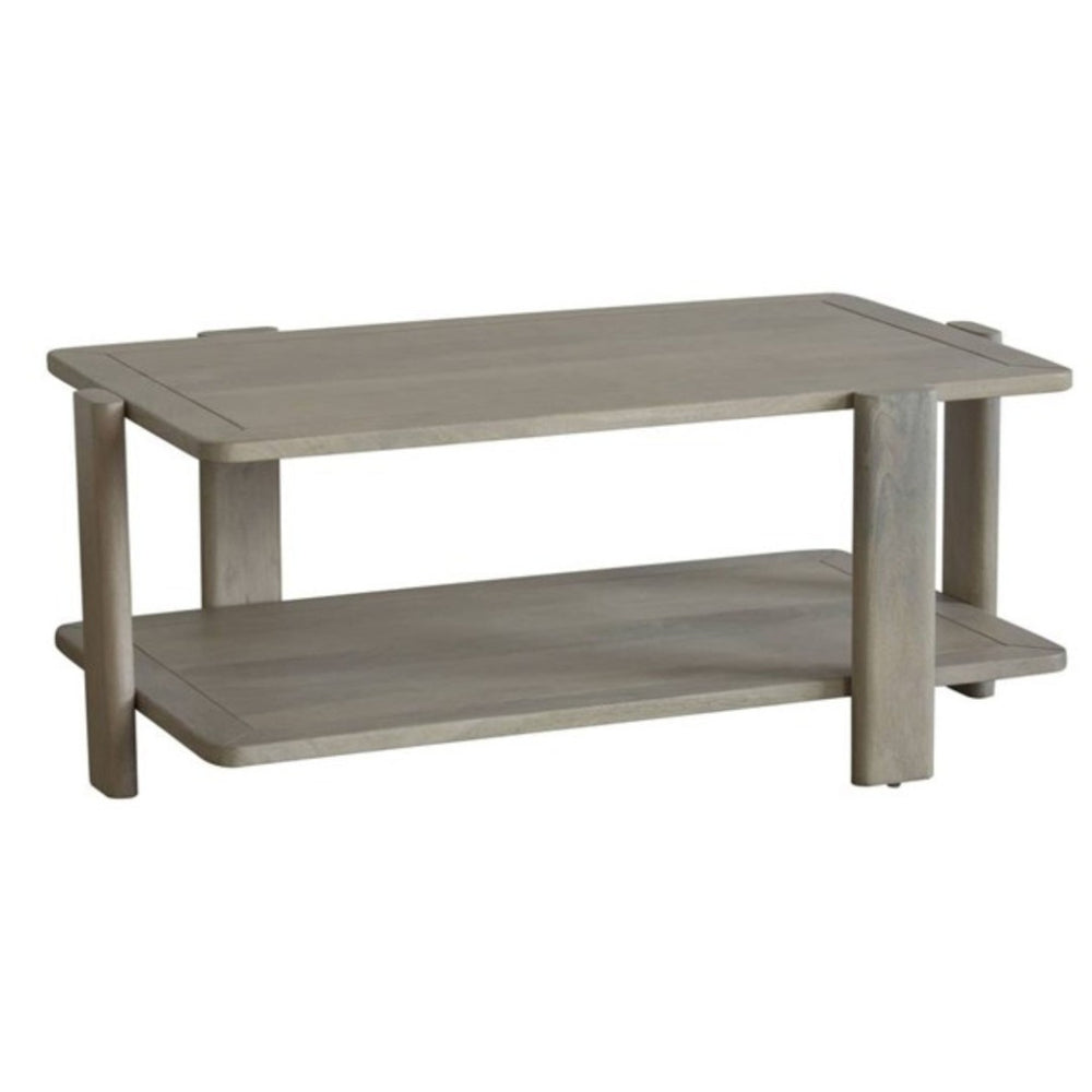HomeRoots 45" Natural Solid Wood Distressed Coffee Table with Two-Tier Shelf for Rustic Living Room Charm 653945