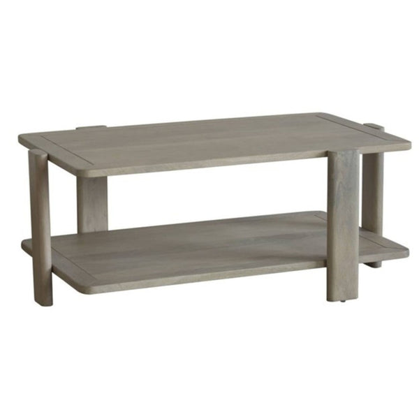 HomeRoots 45" Natural Solid Wood Distressed Coffee Table with Two-Tier Shelf for Rustic Living Room Charm 653945