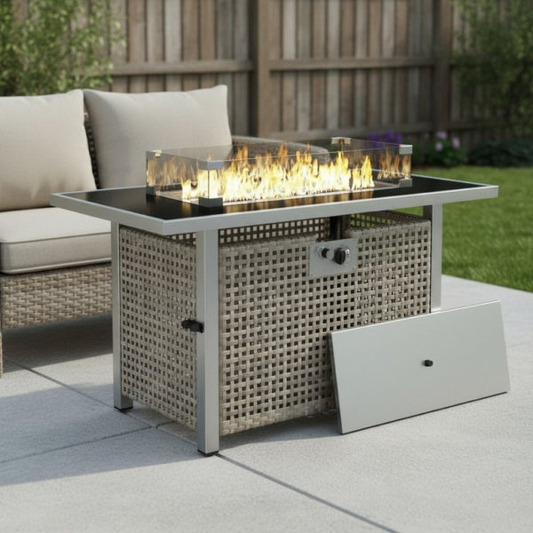 HomeRoots 60000 BTU Rectangular Propane Fire Pit Table - Gray Wicker & Steel, Cover Included, Stylish & Versatile 653946
