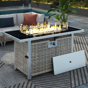 HomeRoots 60000 BTU Rectangular Propane Fire Pit Table - Gray Wicker & Steel, Cover Included, Stylish & Versatile 653946