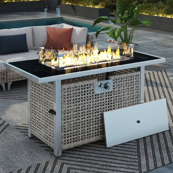 HomeRoots 60000 BTU Rectangular Propane Fire Pit Table - Gray Wicker & Steel, Cover Included, Stylish & Versatile 653946